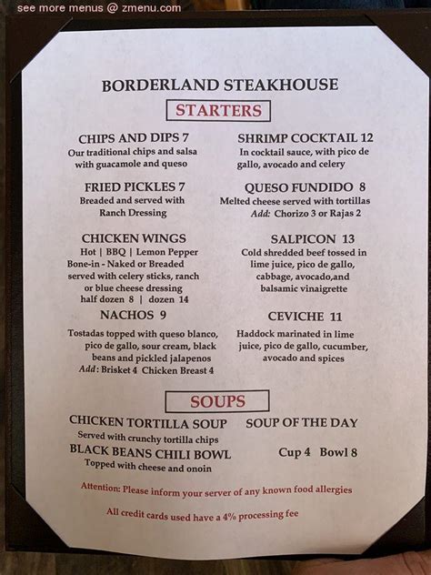 Borderland steakhouse menu  Borderland Steakhouse